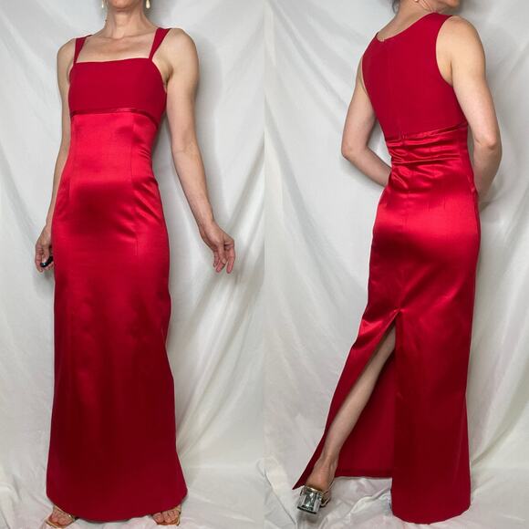 Vintage Cache red satin dress column cocktail maxi square‎ neck sleeveless S - Picture 12 of 17